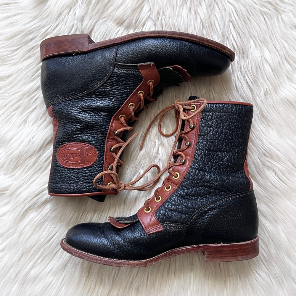 90s JUSTIN Vintage Kiltie Navy & Brown Leather Roper Cowboy Boots 7.5 Prairie - Picture 3 of 14